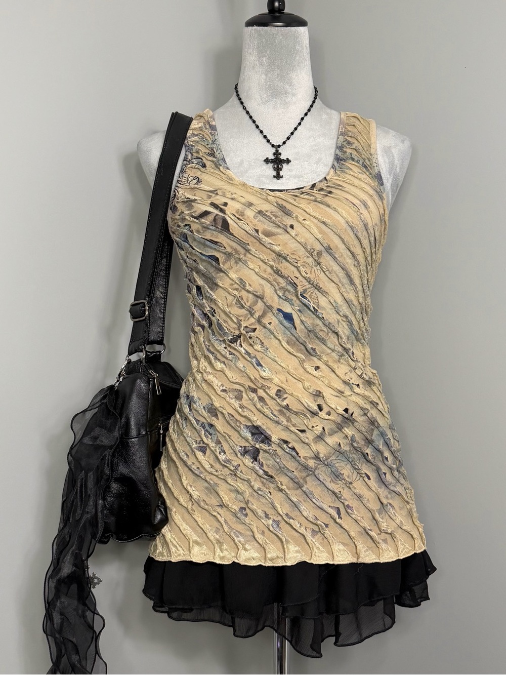 Vintage Weavers Tan Multicolor Layered Ruffle Tank Top (Style: Lion-04)